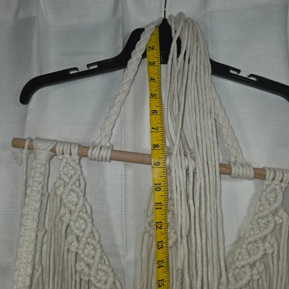 Boho Macrame Wall Hanging Shelf 2 Tier Wood Floating Plant Hanger Cream Cotton